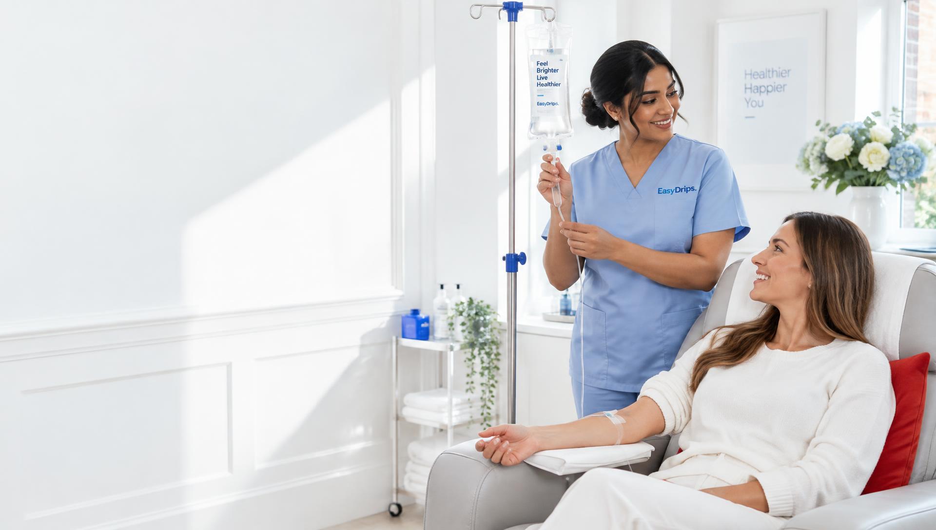 EasyDrips nurse in branded blue scrubs caring for a client