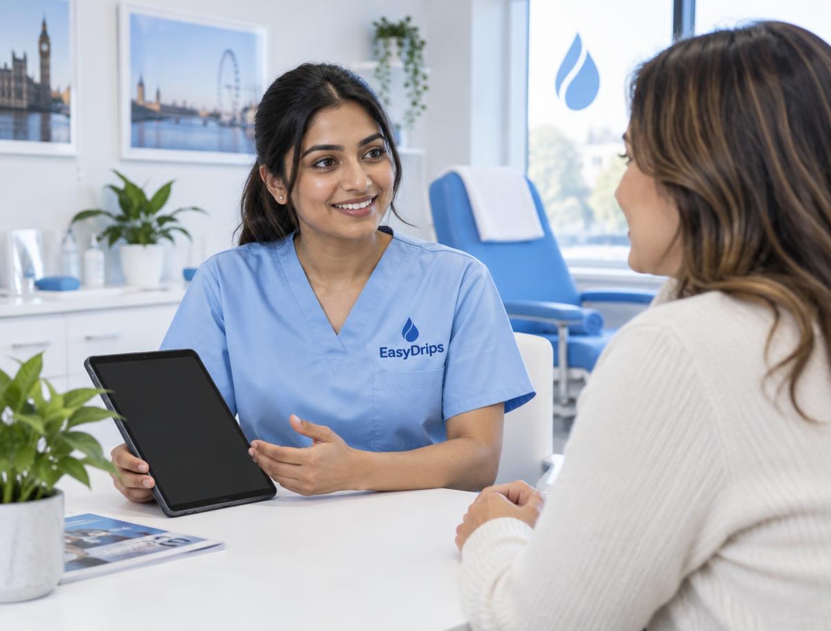 EasyDrips nurse listening to a visitor during a consultation