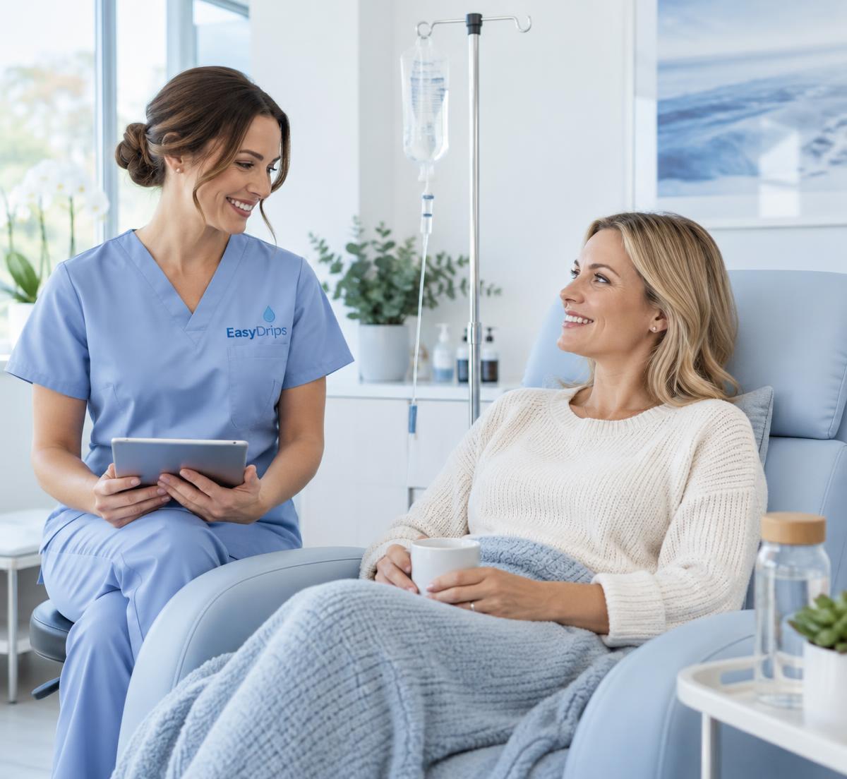 EasyDrips nurse caring for a visitor in a blue wellness recliner