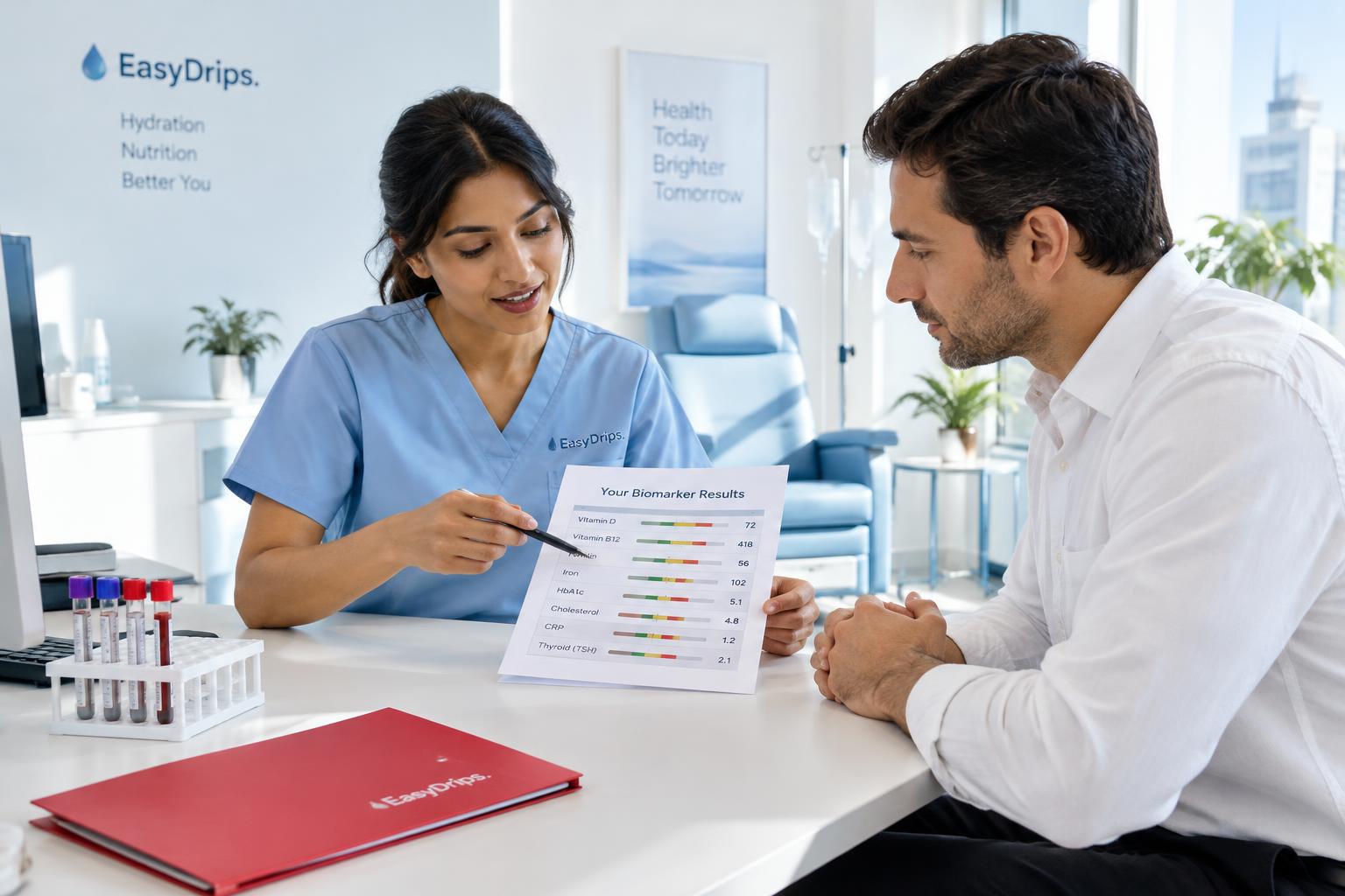 EasyDrips clinician discussing a biomarker report with a client