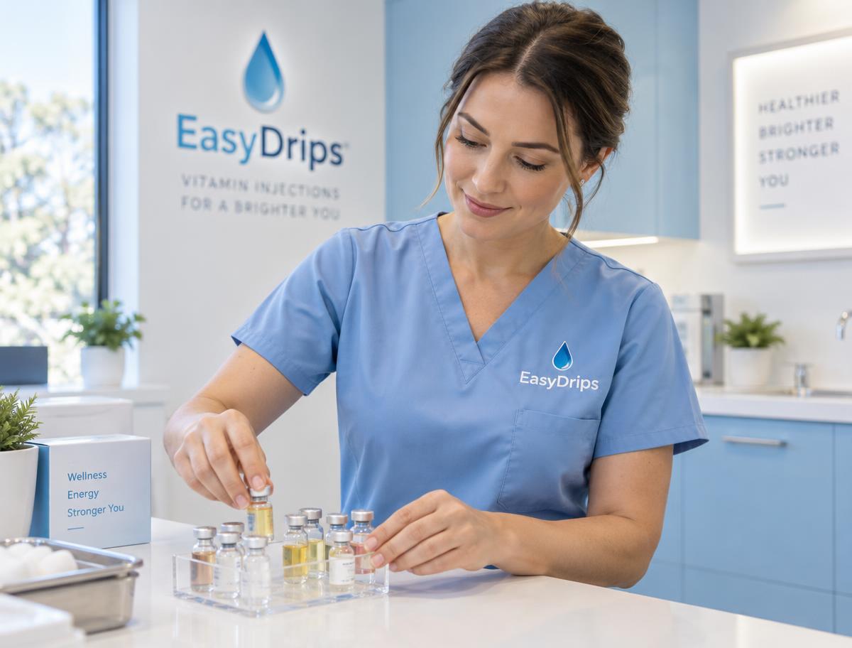 EasyDrips nurse organising sealed vitamin vials in a bright clinic